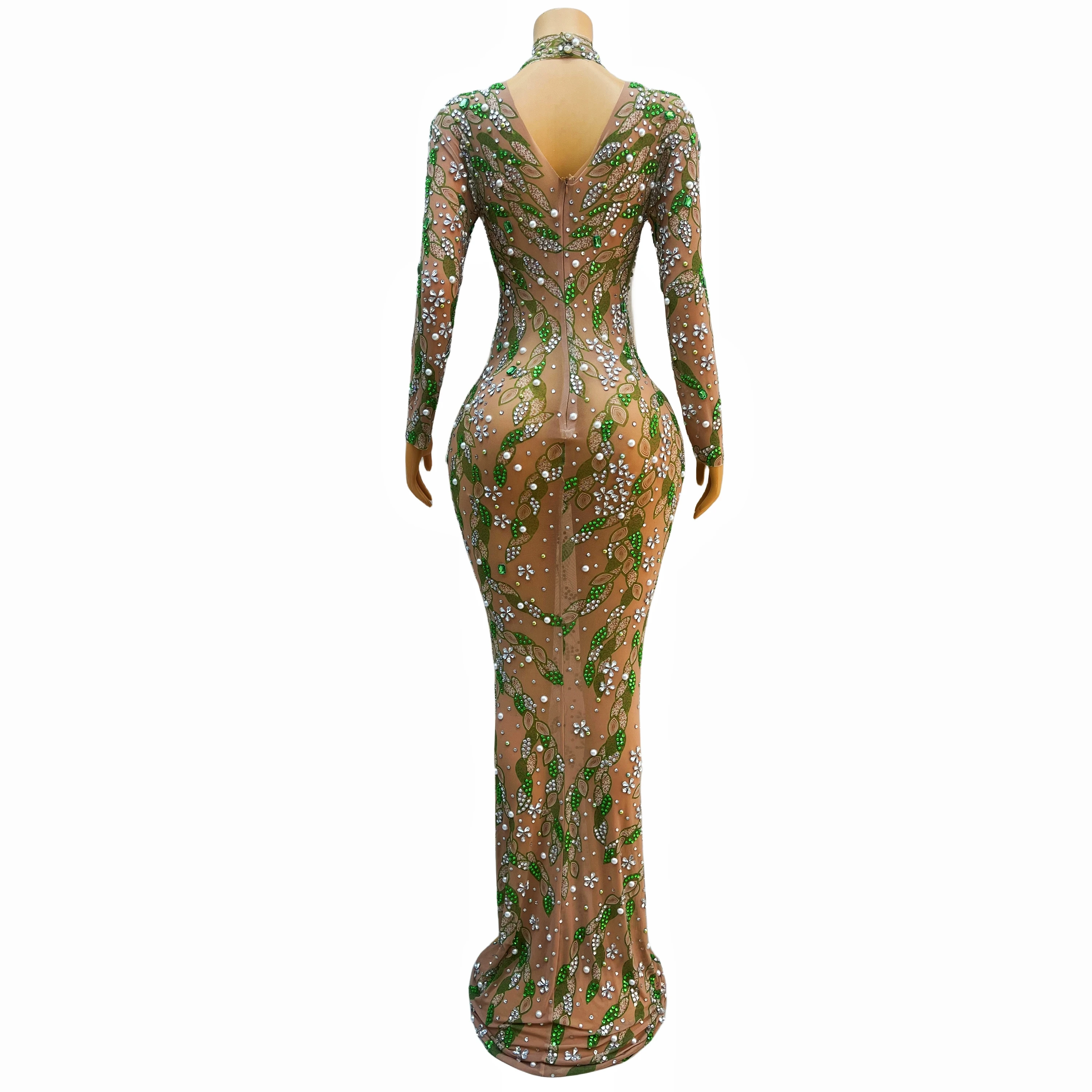 Strass verde transparente pérolas vestido, estiramento roupa, coleções de festa de baile, moda sexy, celebração do aniversário, primavera