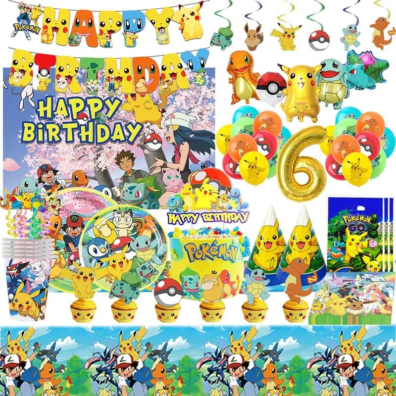 Fournitures de décoration de fête d\'anniversaire à thème Pokemon Go, dessin animé, plaques de norme britanniques, ballon Pikachu pour faveurs de