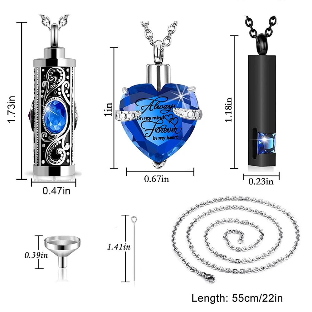 3 Pcs Pet Cremation Urn Necklace for Ashes Keepsake Cremation Jewelry Heart Crysta Urn Necklace Stainless Steel Memorial Pendant