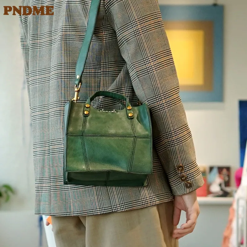 

PNDME Simple Casual Natural Genuine Leather Ladies Stitching Small Square Bag Everyday Girl Work Party Shoulder Messenger Bag