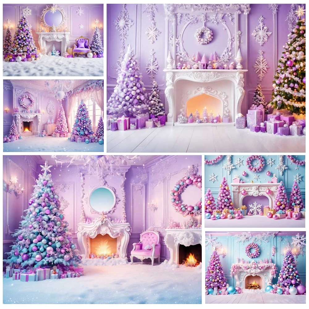 

MOON.QG Pink Christmas 2026 Backdrop Xmas Trees Gifts Fireplace Photography Backgrounds Photozone Photocall Party Decorations