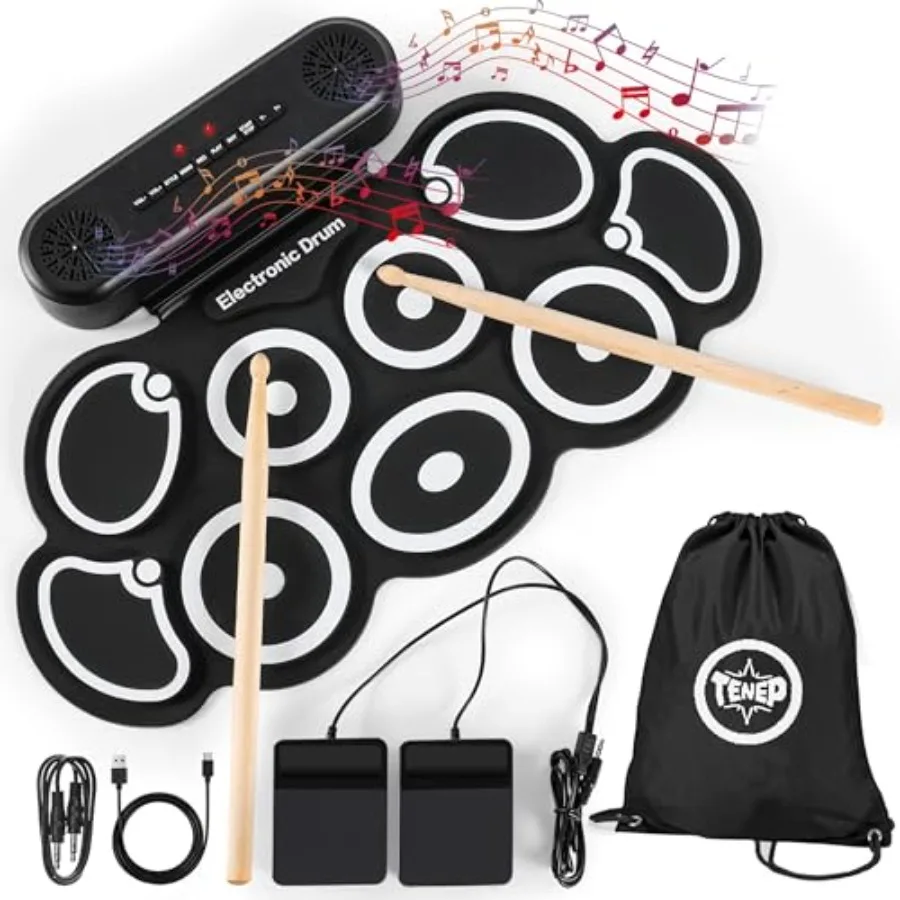 

Portable 9-Pad Electric Drum Set with Roll-up Design USB MIDI Built-in Speaker Drum Sticks and Foot Pedals Black Great Gift for