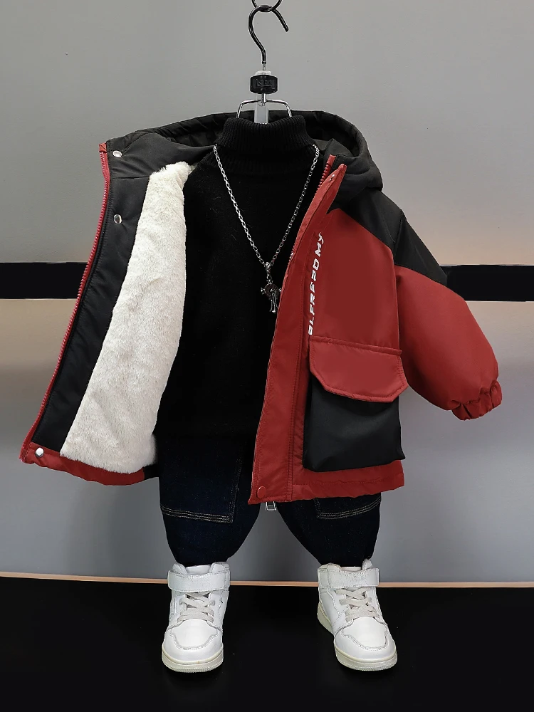 

Boys' Fce Lined Parka Thiened Autumn Winter Jaet Sli Youthful Polyester Fiber Hooded Zipper Closure Warm Coat