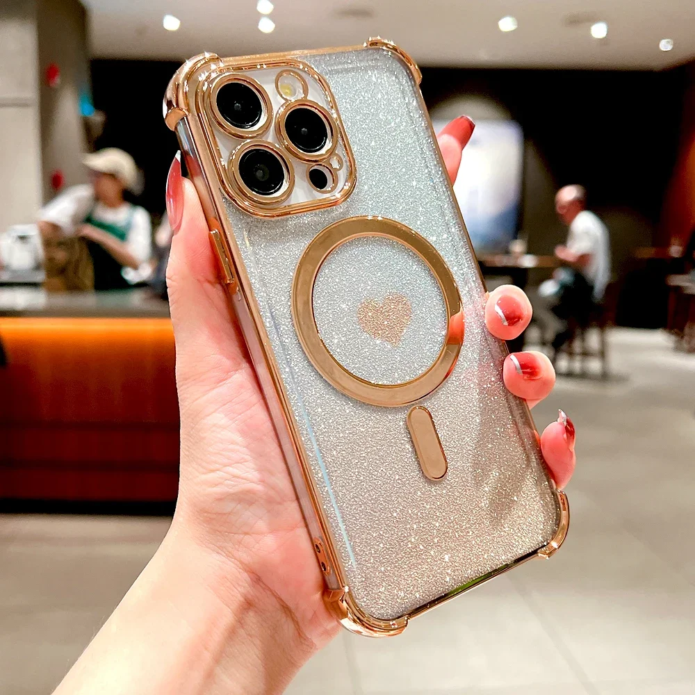 

Plating Soft Case For iPhone 16 15 14 13 12 Pro Max 15Pro 14Pro For Magsafe Mag Safe Insert Glitter Paper Transparent Back Cover
