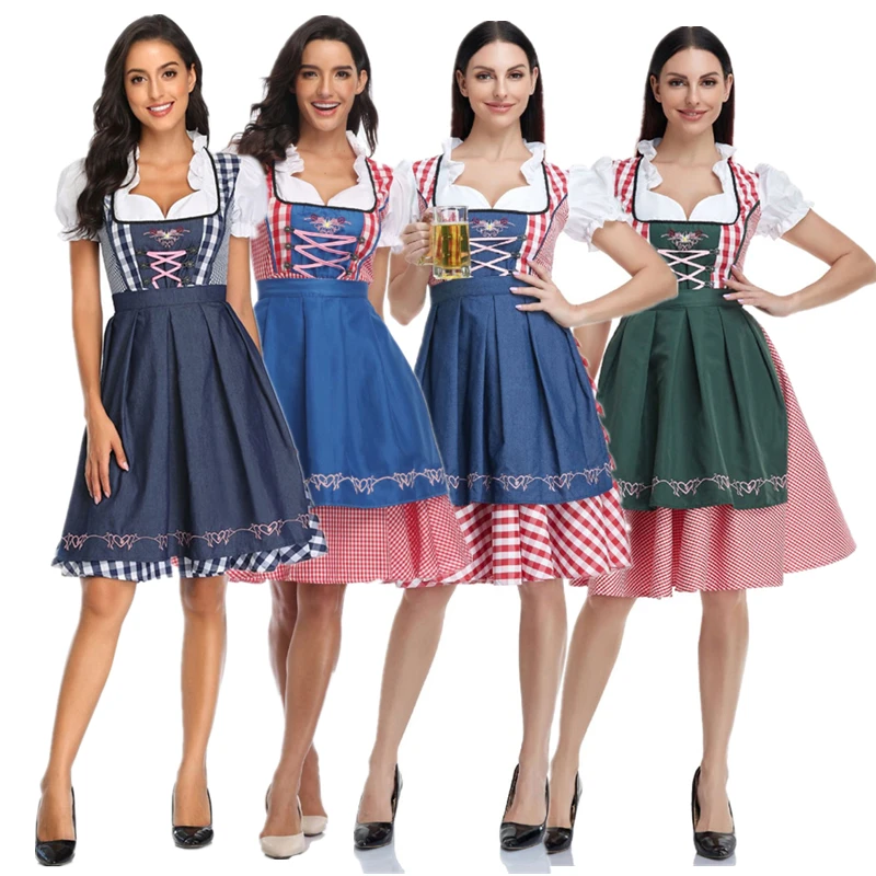 Traditional Bavarian Oktoberfest Costumes Plaid Dirndl Dresses Women Apron Dress German Beer Wench Maid Cosplay Party Dress