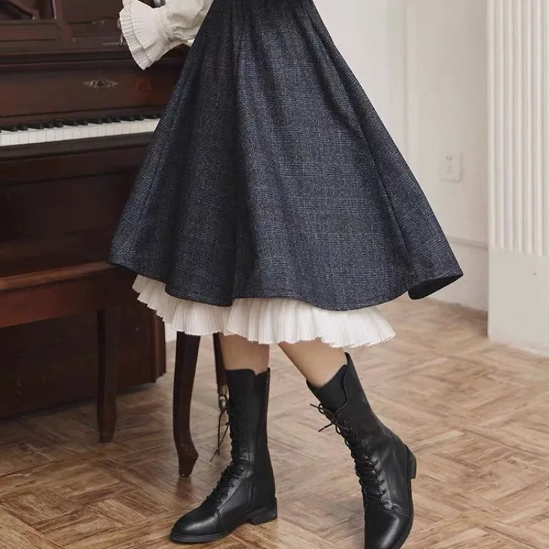 Women Plaid Midi A Line Skirt Autumn Winter Elastic Waist Double Layer Pleated Hem Vintage Skirt