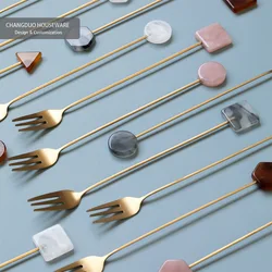 Stainless Steel Long Geometry Fork, Cookies, Home, Ice Cream, Dessert, Salad, Fruit, Stirring, Coffee, Kitchen Accessories, 1Pc