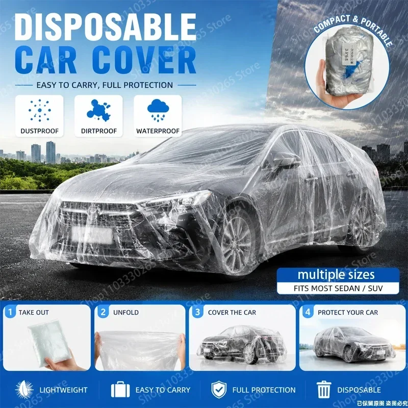 Clear Disposable Full Car Cover, One‑Time Use, Shields from Dust, Rain and Dirt, Quick Convenient Application