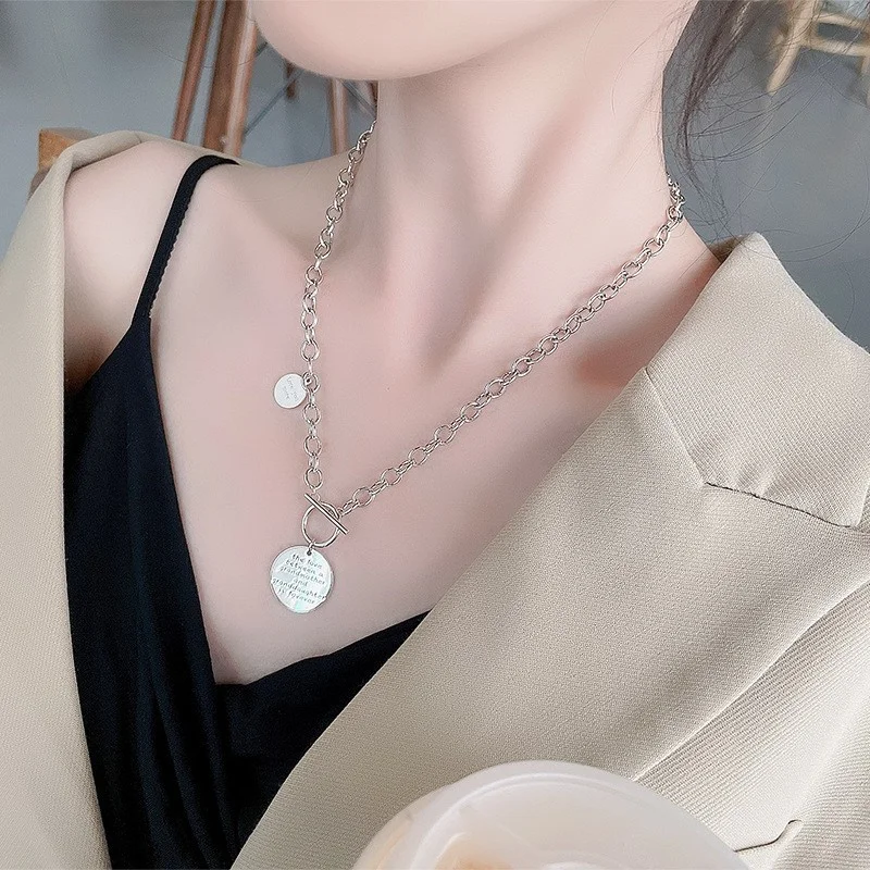 171FL ZFSILVER Fashion Silver 925 Trendy Retro Design OT Letter Love Disc Necklace Pendants Sweater For Women Charm Jewelry Gift