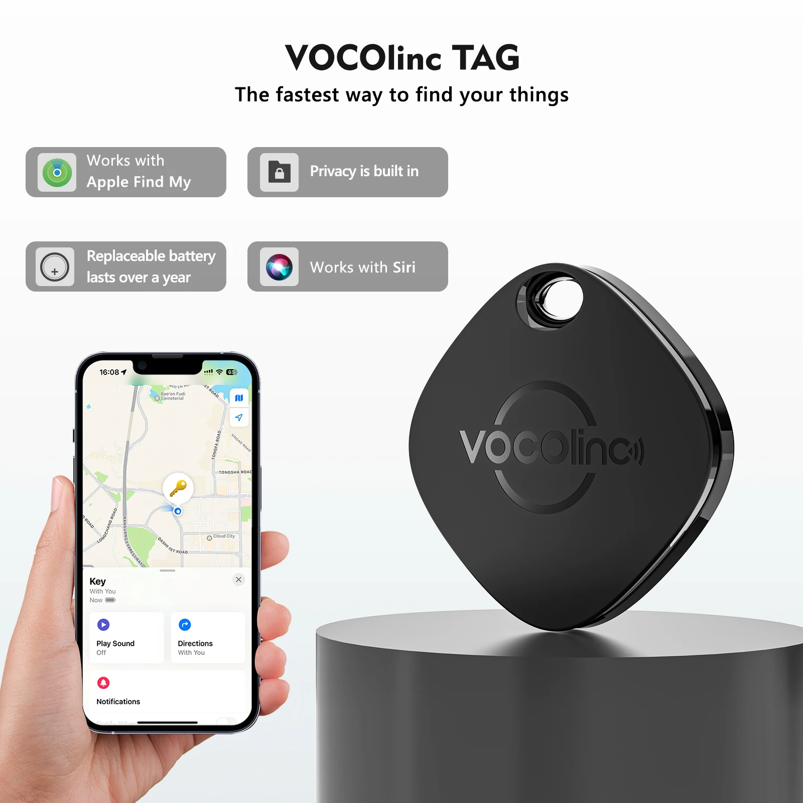 Lokalizator Bluetooth VOCOlinc Smart Tag Anti-Lost współpracuje z aplikacją Find My, lokalizatorem pęku kluczy Alarm w czasie rzeczywistym Stopień wodoodporności IP67