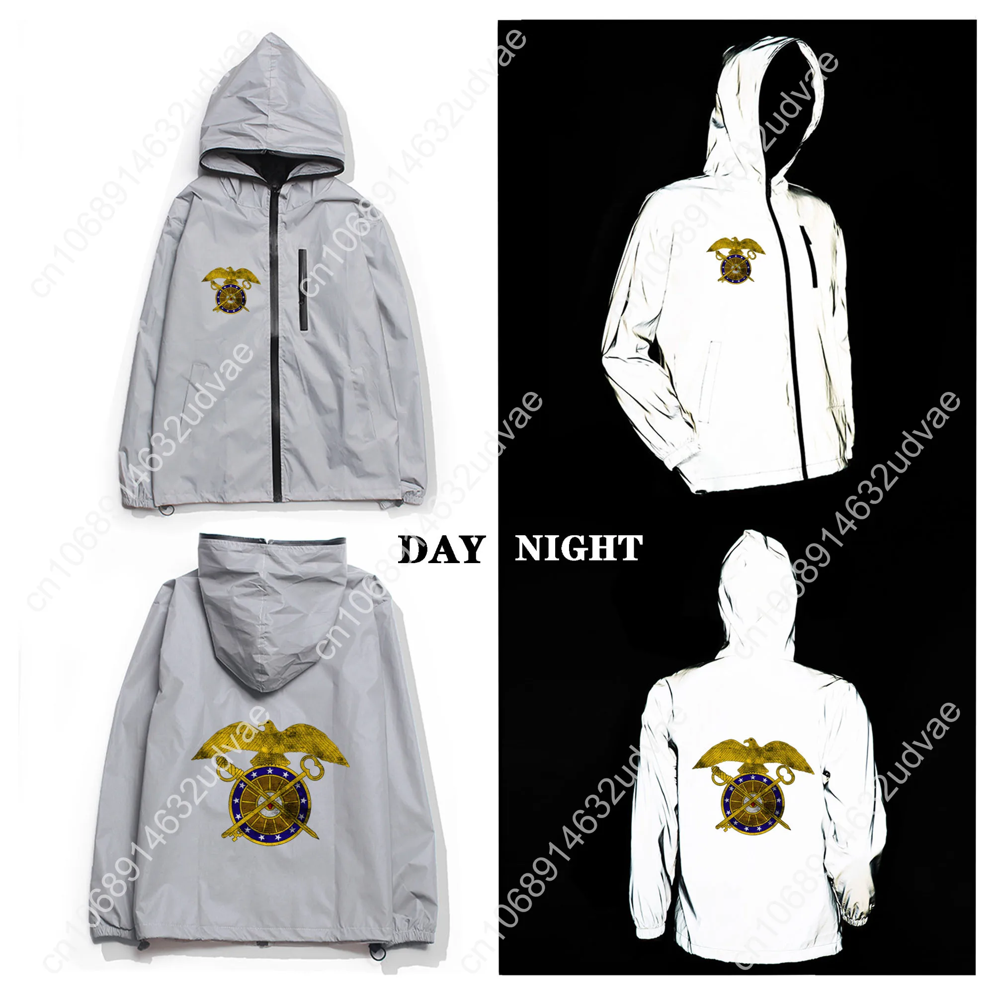 Chaqueta reflectante del Cuerpo de Quartermaster de la rama del Ejército de EE. UU., abrigo para hombre y mujer, cortavientos con capucha, chaquetas con bolsillo, cremallera, Sudadera con capucha personalizada