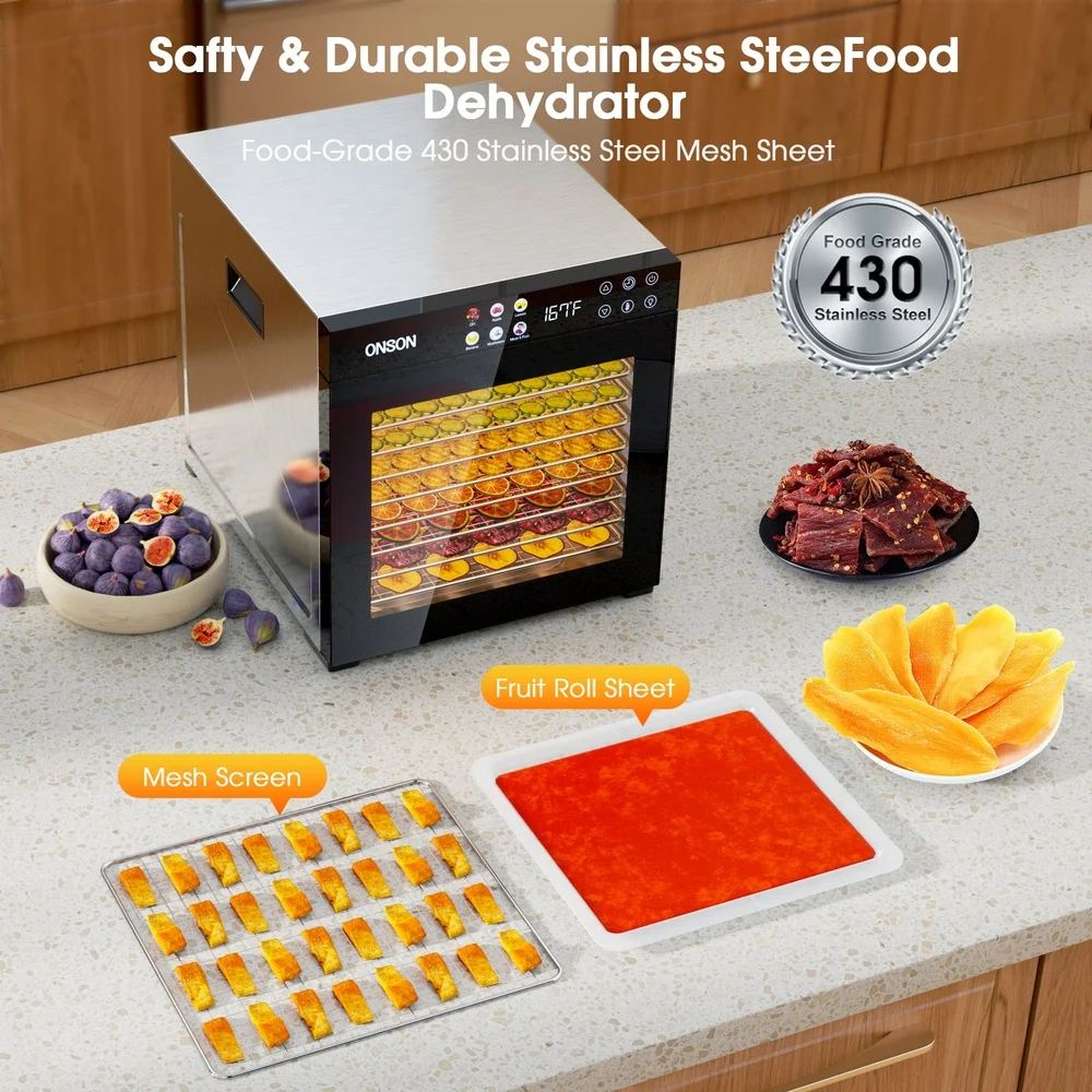 10 صينية مجفف الطعام 1000 واط عالية الطاقة الفولاذ المقاوم للصدأ مجفف رقمي قابل للتعديل درجة الحرارة الموقت متشنج الفواكه الخضروات الكلب