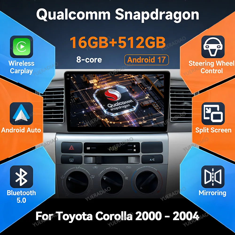 Android 17 Car Radio For Toyota Corolla E120 2001 - 2004 DVD 2K QLED BT Carplay Automotive GPS NAVI Touch Screen FM 4G WIFI 2DIN