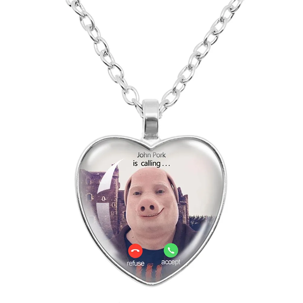 John Pork está llamando respuesta llamada teléfono Humor divertido amante de los cerdos gráfico de cristal en forma de corazón colgante collar encanto joyería regalo