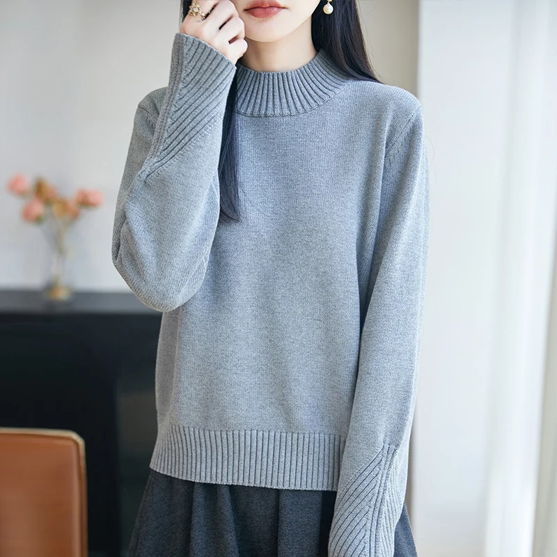 High end women's100%cotton knitted sweater casual half high neck pullover autumn and winter loose top fashionable and hot sellin