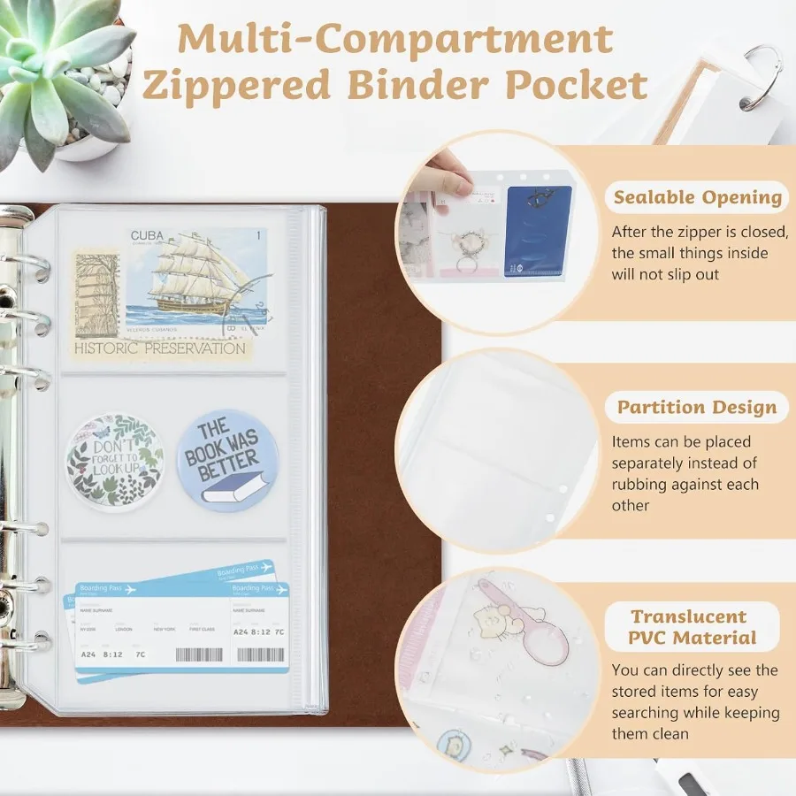 10 Pack MultiCompartment Zippered Binder Pocket Sleeves for 6 Ring A6 Binder Frosted Divided Zipper Pouch Money Cash Saving Bud