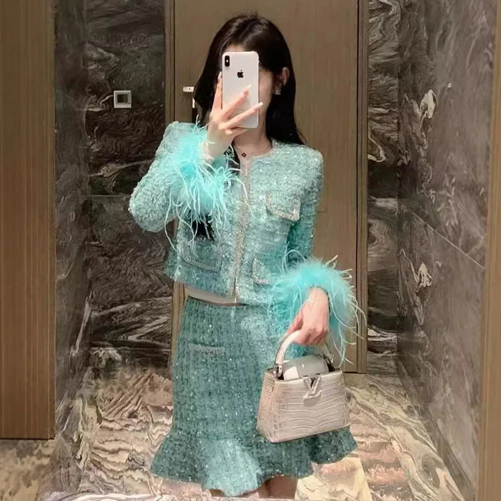 Fashion Fall Winter Skirt Suits Women Multi Pocket Diamonds Jacket Tassel Pockets Sequins Tweed Ruffles Mini Skirt Two Piece Set