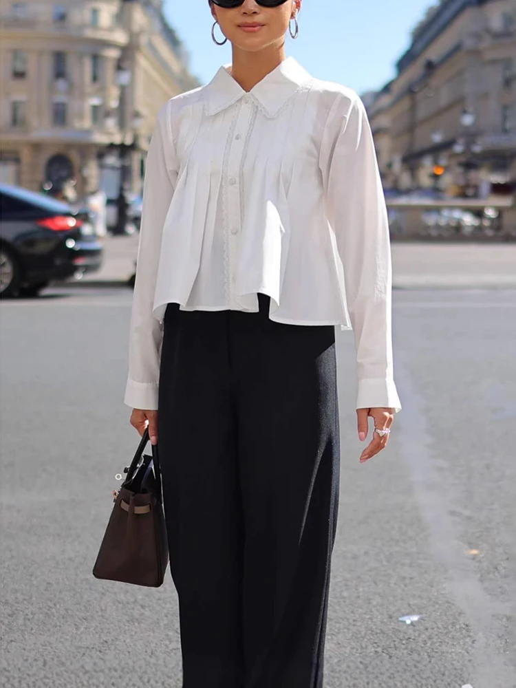 

Spring Summer Short Sleeveless Cotton Lace Shirt Women's Commute Anti-Aging Design Sensation Ruffle Collar Long Sleeve Pleated