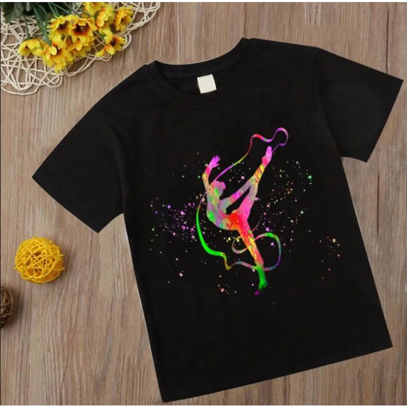 Watercolor Gymnastics T Shirt 2023 Kids Girl Tshirt Gymnastics Art Top Tee Fashion Children ClothesBlack T-shirts Clothes Tee