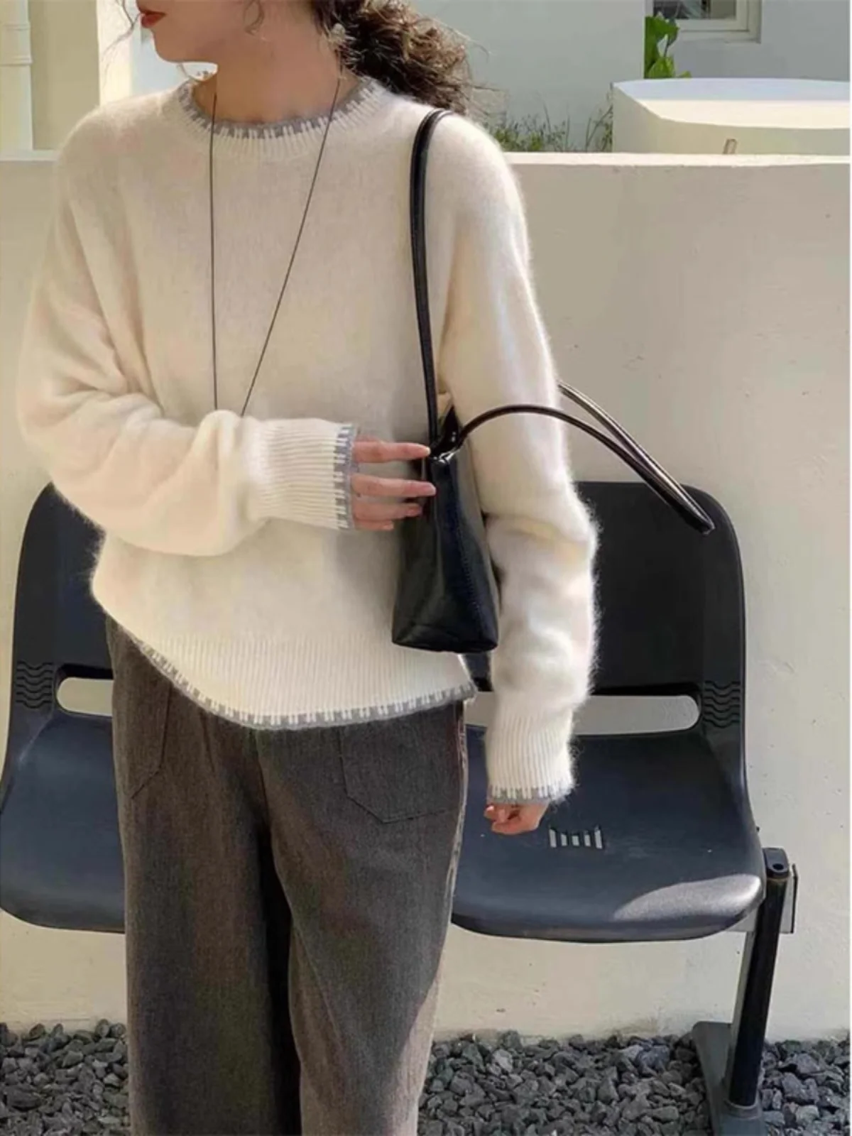 Jersey 100% de lana merina con cuello redondo, suéter de cachemira tejido informal de estilo básico para otoño e invierno