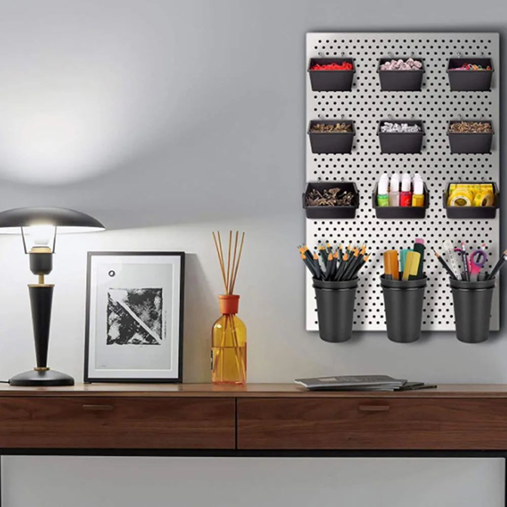 

6 set Black Round Cups with Hooks for Pegboard Organizers Tool Garage Workbench Iron ABS Material Small Parts