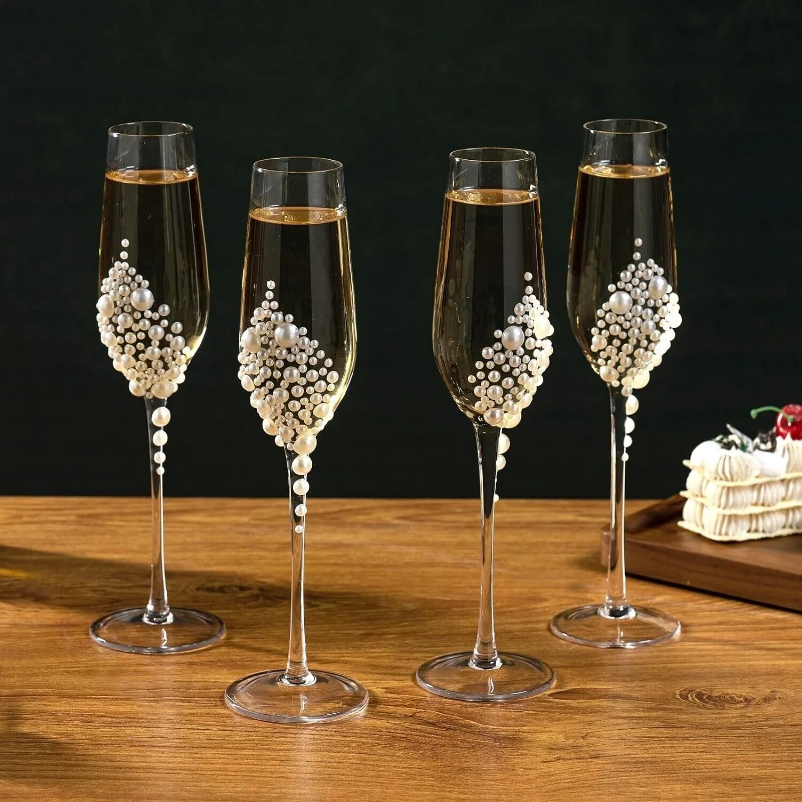 

Clear Glass Stemmed Champagne Toasting Flutes w/ Pearl, Drinking Glass, Set of 4 United States