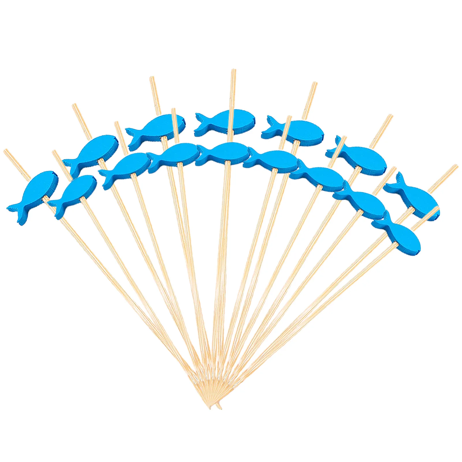 100 palillos para cócteles, palitos de bambú desechables con forma de pez azul para frutas, palillos para aperitivos