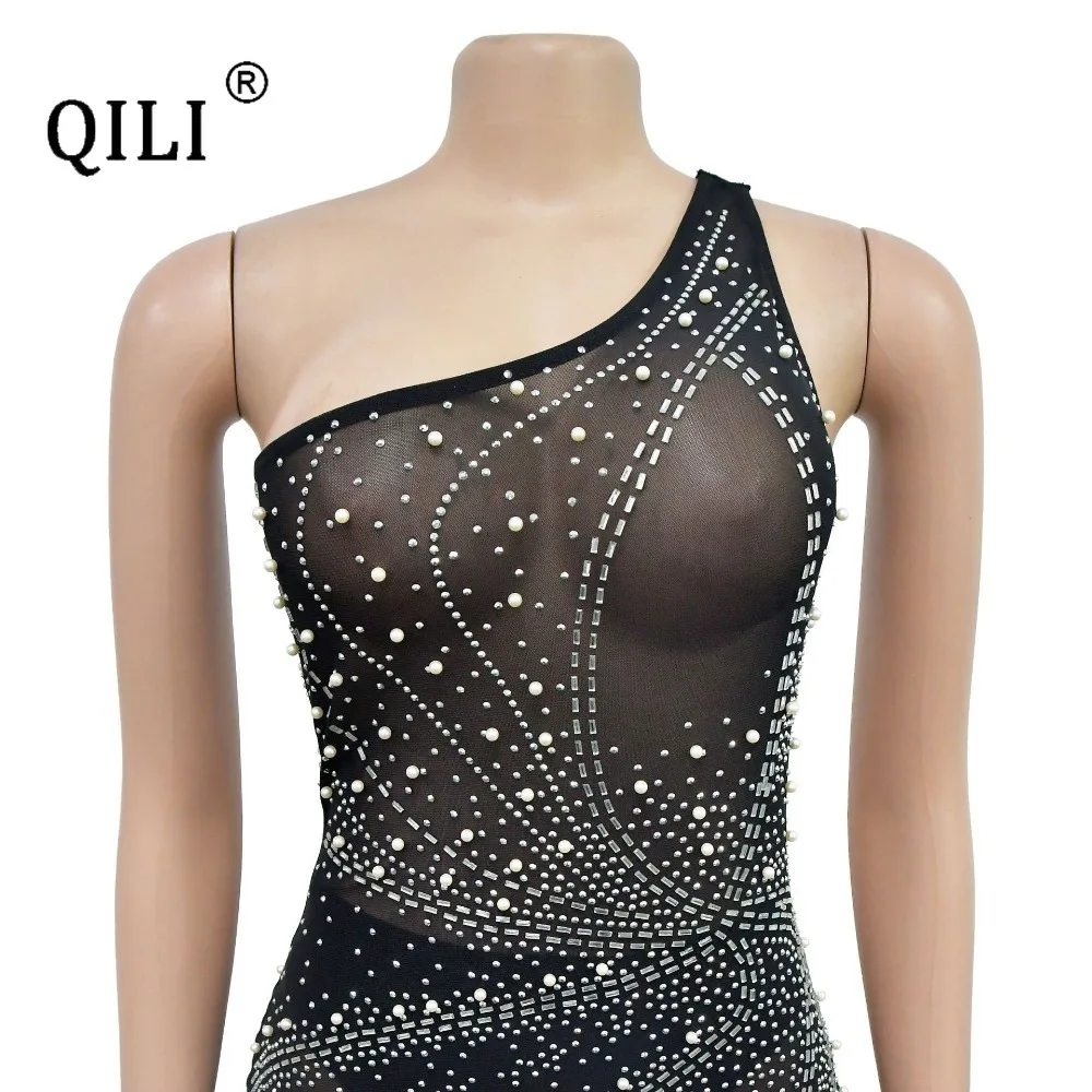 QILI-Women's Sleeveless Rhinestone Short Dress, Monochromatic Mesh, Hot Diamond