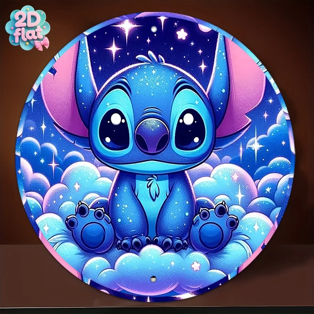 قطعة واحدة من لافتة فنية جدارية معدنية مستديرة - ديكور ألومنيوم مستوحى من الطراز الكوني والنجوم، ألوان زرقاء ووردية نابضة بالحياة