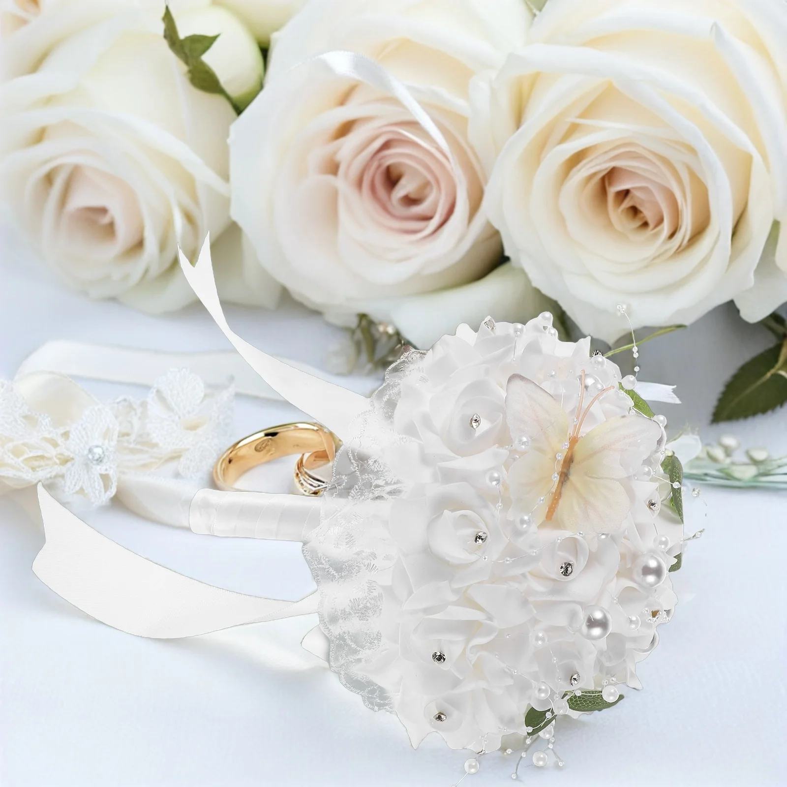 

Wedding Bouquet Fake Pearl Bridal Outdoor Artificial Flower Simulated Flowers Bridesmaid Rose