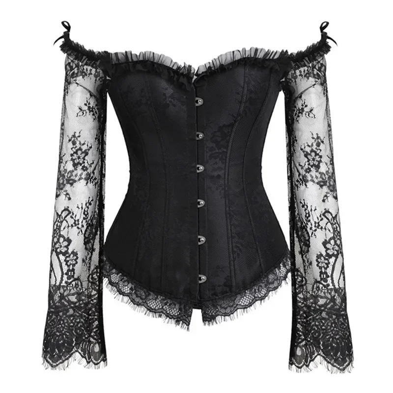 Medieval Women Corset Top Plus Size Sexy Lace Long Sleeve Bustiers Shoulder Straps Corselet Vintage Victorian Black Red