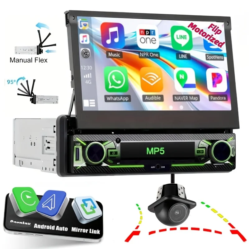 

1DIN 17.78cm Motorized Flip Out Touchscreen Car Stereo, Single Din MP5 Player with Wired Carplayer & Android Auto Mirror Link BT