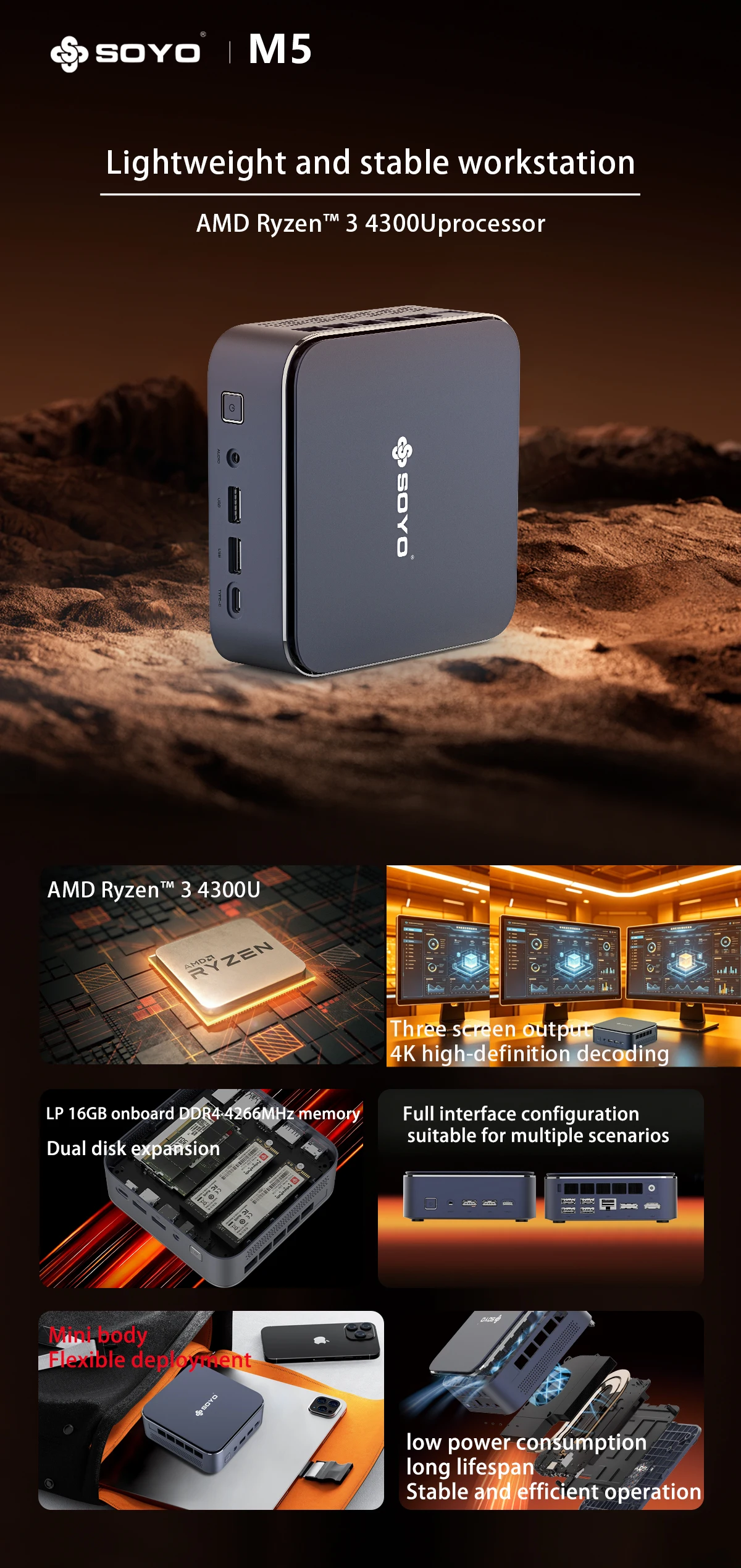 SOYO Mini-Computer AMD Ryzen 3 4300U 16G LPDDR4 RAM 512 M.2 SSD ROM M5 Mini-PC HDMI-kompatibel DP Dual 4K UHD für Zuhause/Geschäft – Detail 1