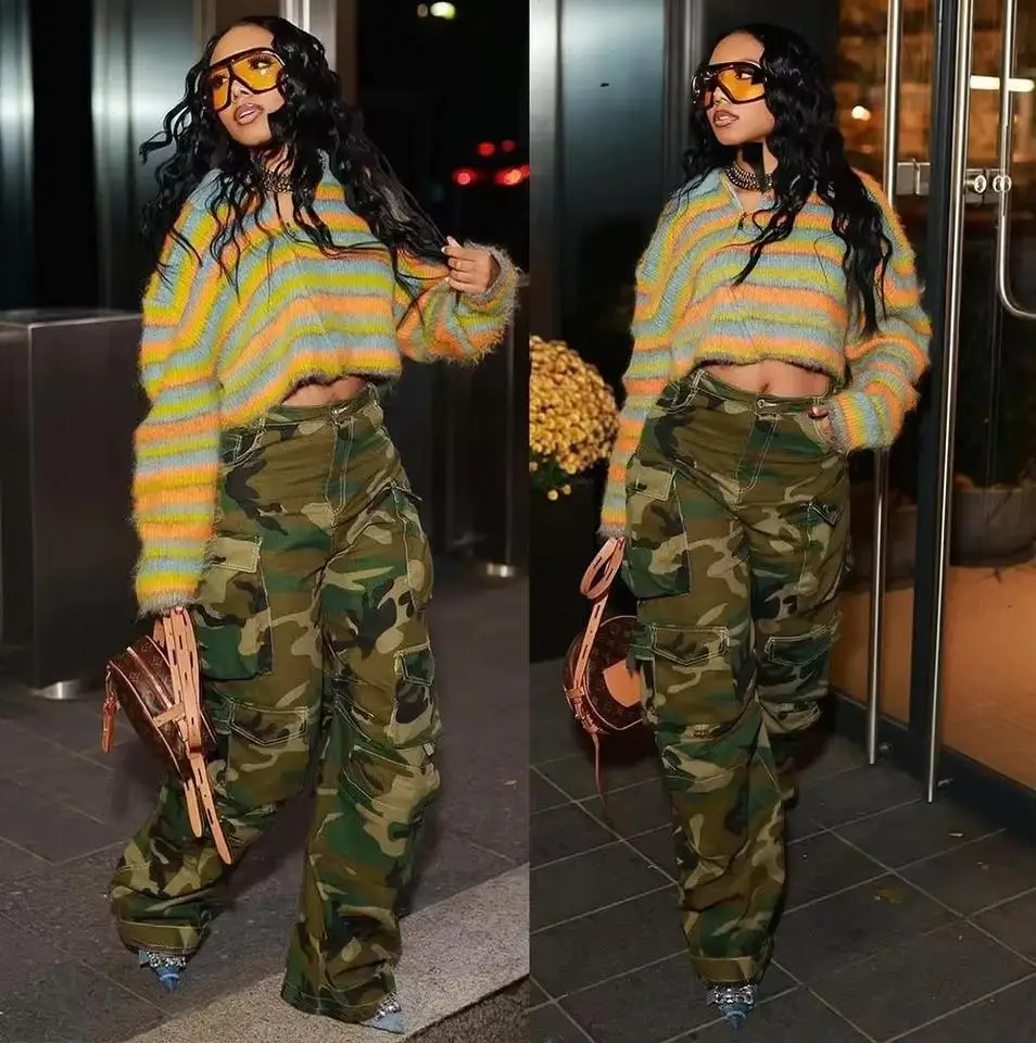 Streetwear Camouflage Casual Jeans Women Loose Straight Wide Leg Pants High Waist Multi Pocket Cargo Pants Autumn Trousers