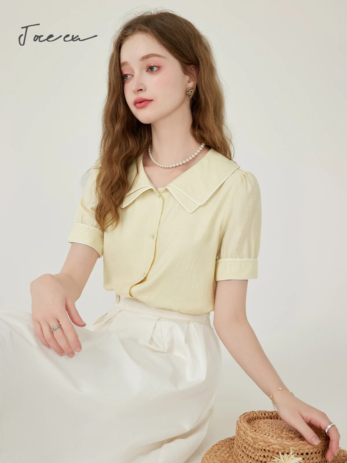 JOREEU Summer Double Polo Collar Sweet Shirt Women 2024 Fashion Solid Simple Loose Button Up Short Sleeve Blouse Woman T01609