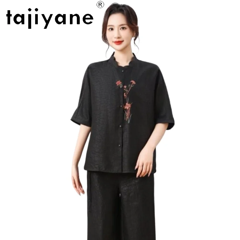 

TAJIYANE 100% Mulberry Silk Blouse Woman Elegant Embroidered Shirts Black Xiangyun Sha Summer Tops 2026 Women Clothes jirai kei