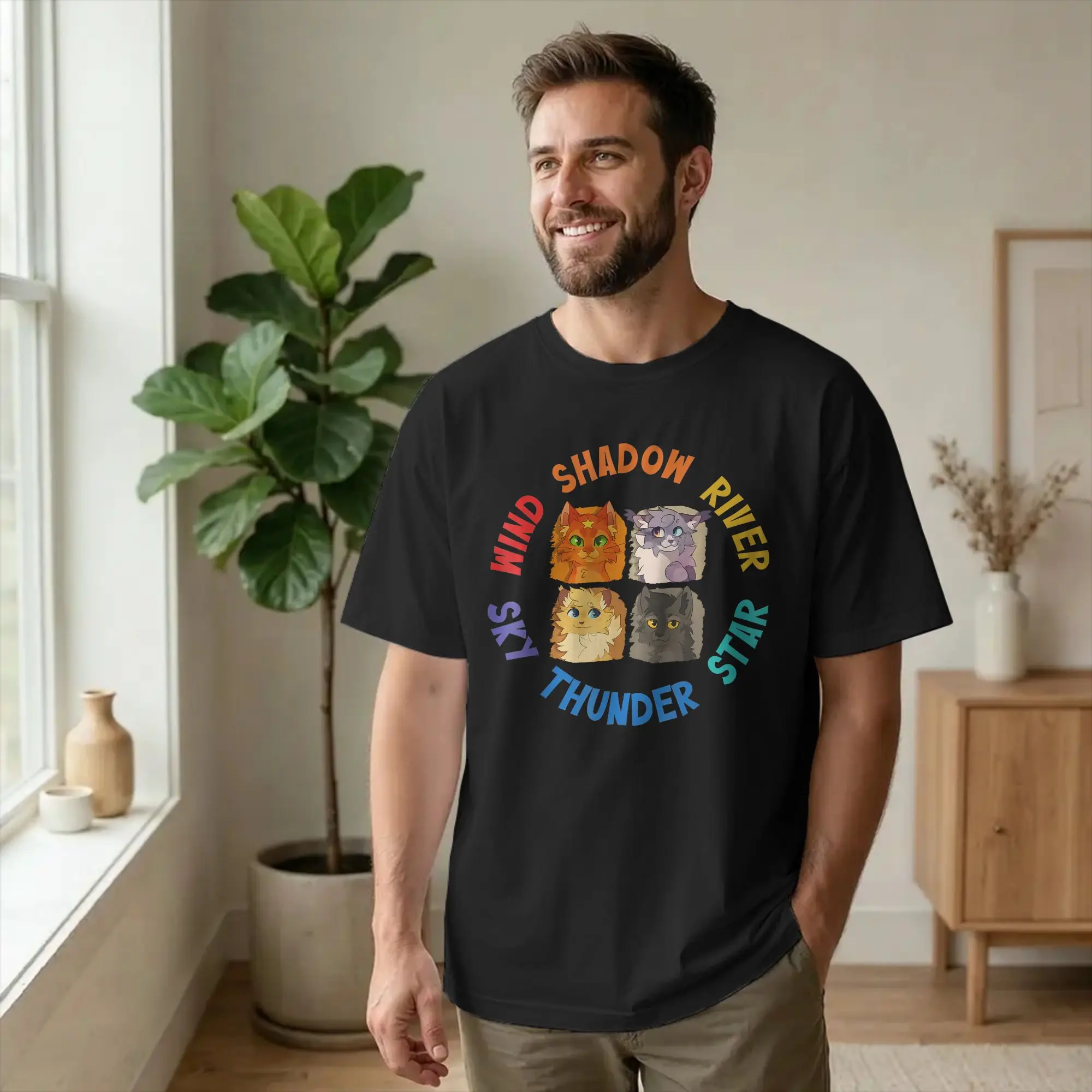 Wind Shadow River Star Thunder Sky Cat T Shirts Men Cotton Vintage T-Shirts Crew Neck FireStar Tees Short Sleeve Clothing Party