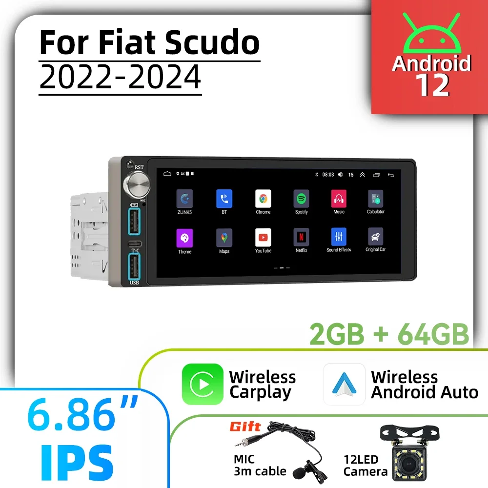 

Carplay Android Auto 6,86 "экран мультимедиа 1 Din Android автомобильный радиоприемник для Fiat Scudo 2022-2024 головное устройство авторадио стерео GPS BT