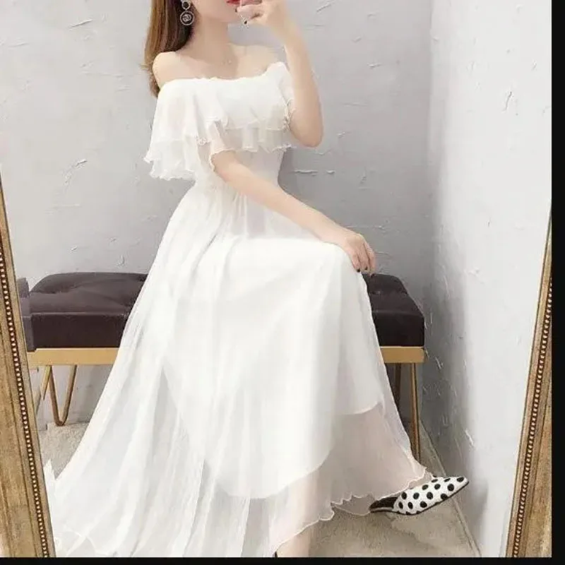 

4 Ways To Wear Chiffon Dress Women 2024 New Summer Off-Shoulder Long Dress Elegant Waist Slimming Sexy Off-Shoulder Evening Gown