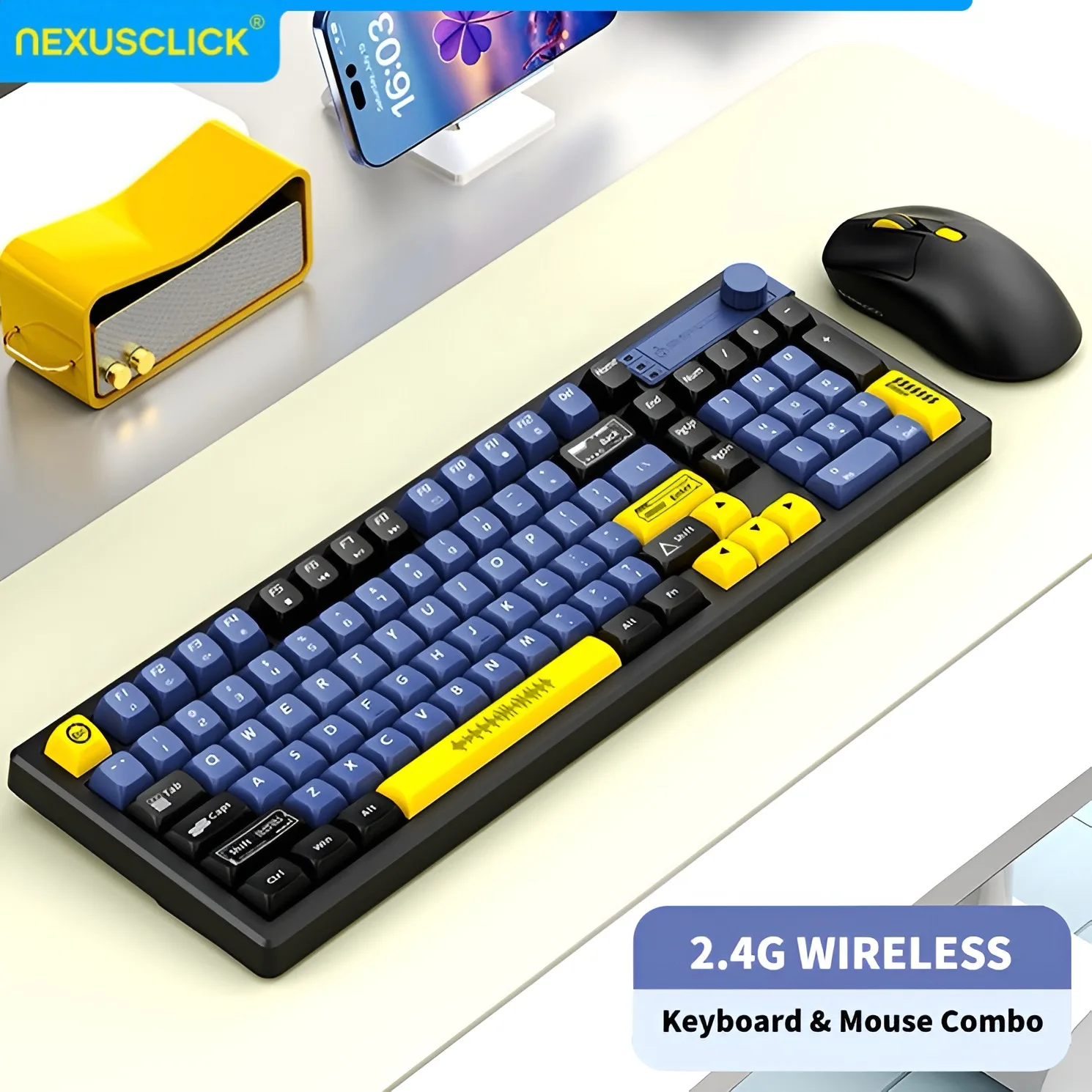 NexusClick 2.4G Wireless 98 Keys Ergonomic Keyboard Mouse Combo,Mechanical Feel Power Saving Set for Gaming Laptop PC Office Use