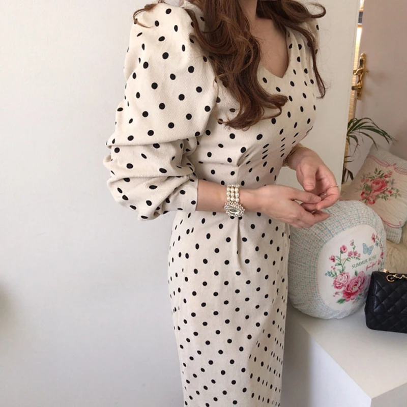 2023 Spring Summer Vintage Elegant Polka Dot Corduroy Dress Korea Fashion Long Sleeves Midi Dresses Women V-neck Slim Vestidos