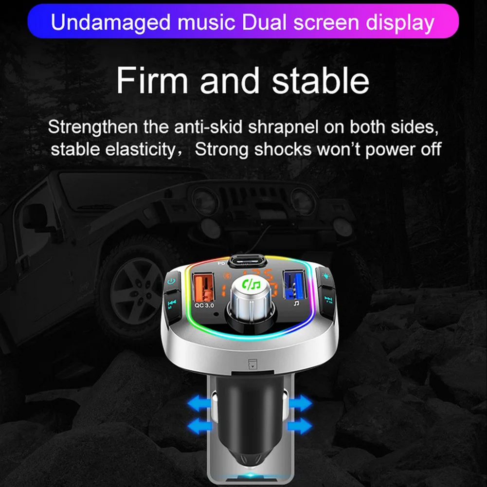 Bluetooth FM Transmitter with Dual Screen Universal Car Wireless Audio Receiver with 7 Clor Lights PD QC3.0 Fast Charge