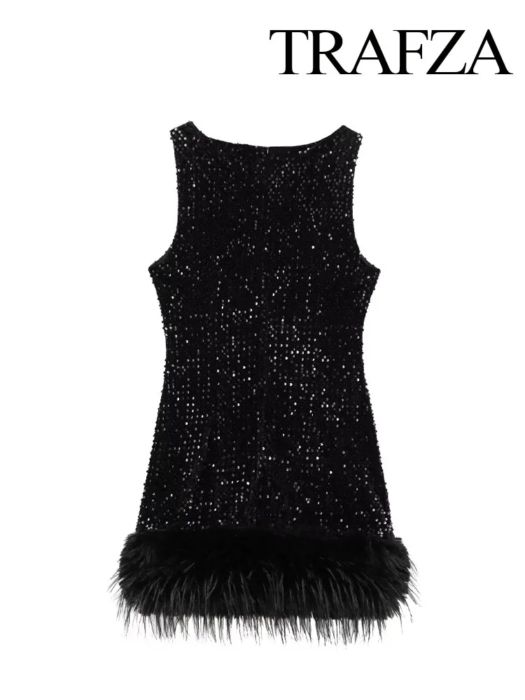 TRAFZA Women Summer Fashion O Neck Sequin Shiny Feather Decoration Mini Dress Woman Vintage Back Zipper Sexy Party Evening Dress