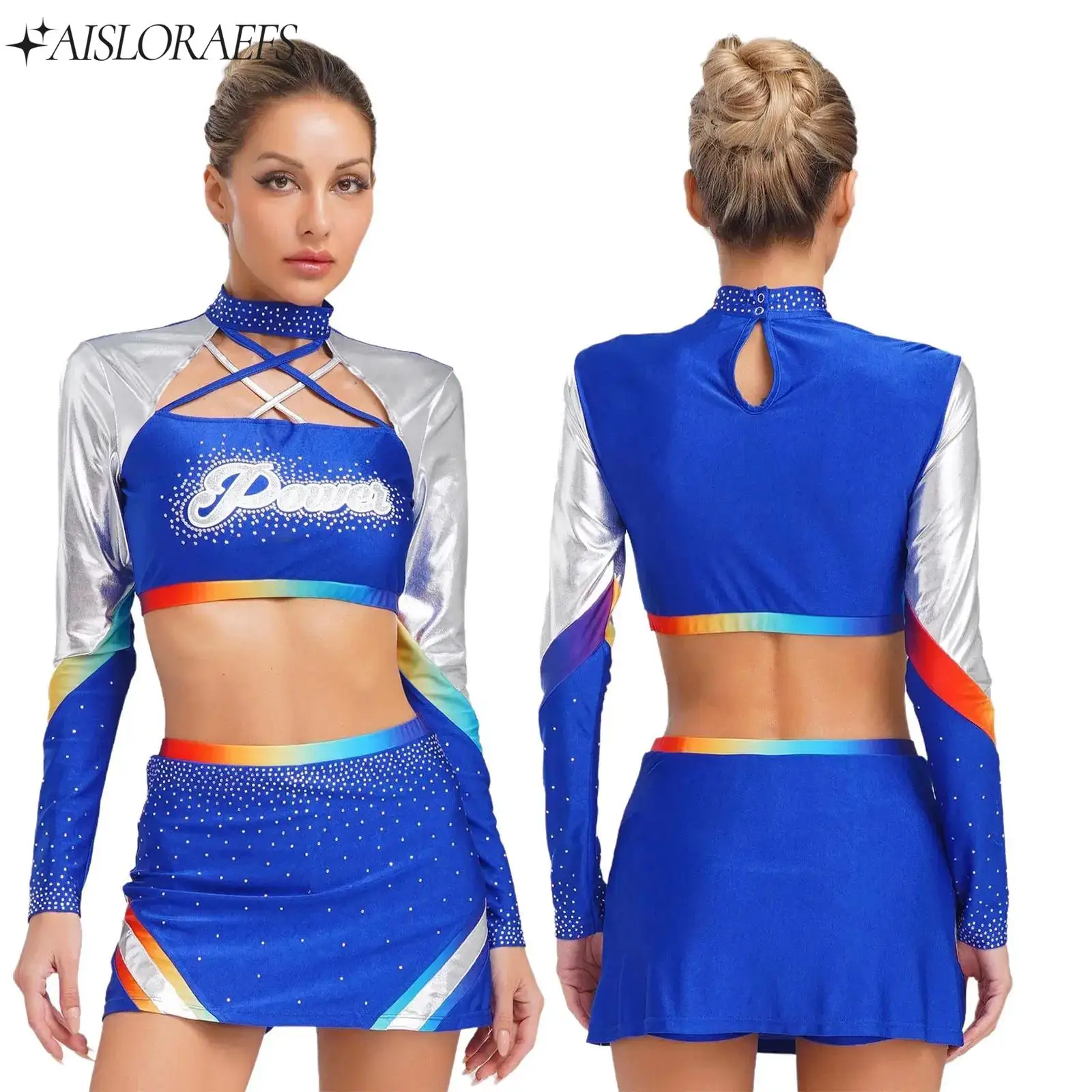 

Womens 2pcs Cheerleader Uniform Cheerleading Dance Outfit Long Sleeves Cross Straps Crop Tops+Skirt for Halloween Stage Party