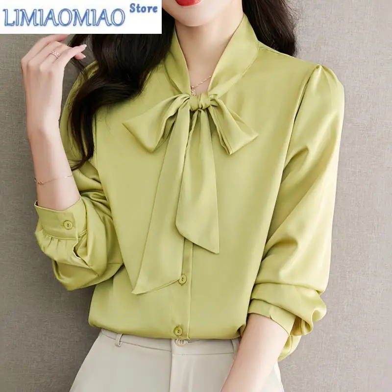 

Spring Summer Elegant Women's Blouses Long Sleeve Bow Collar White Casual Loose Office Lady Shirts Tops Female