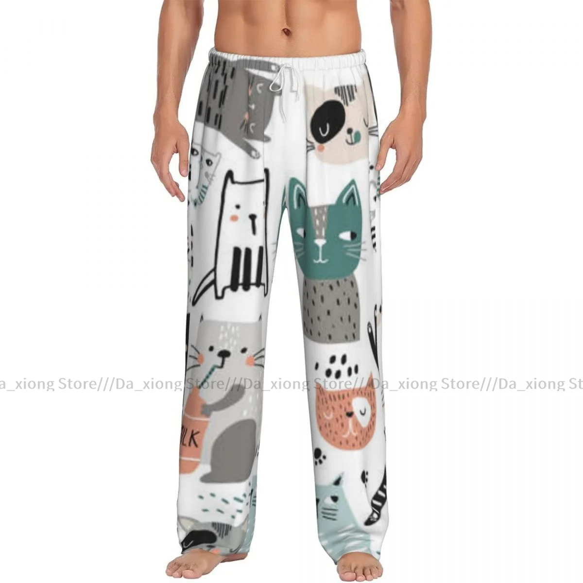 Men's Sleepwear Loose Sleep Pants Pajamas Cute Hand Drawn Cats Long Lounge Bottoms Casual Homewear