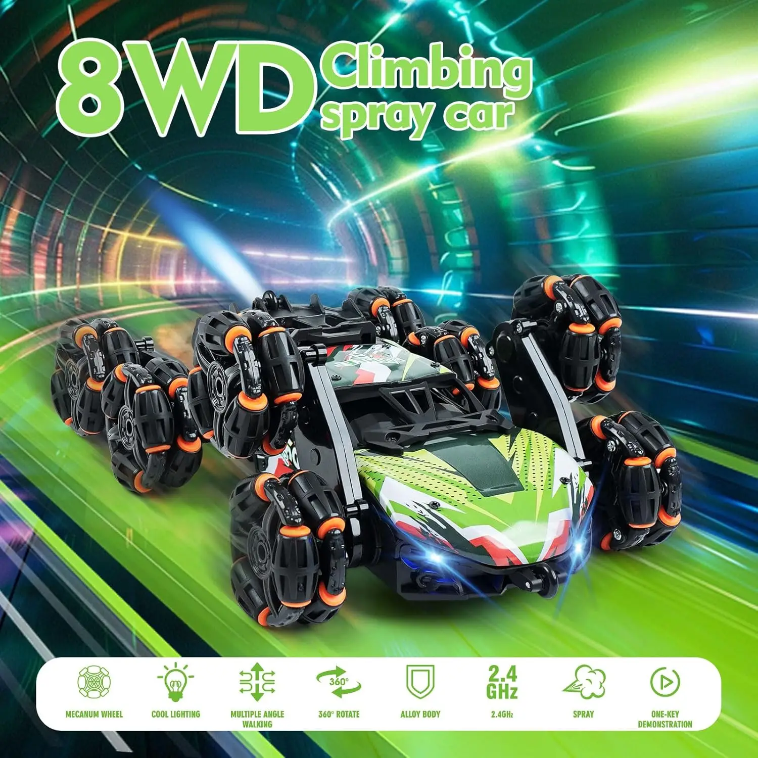 Gesture Sensing RC Stunt Car with Lights, Spray & 360° Flips - 2.4GHz Climbing Toy for Kids Age 6-12, Eight-Wheel Remote Control Vehicle, Birthday Gifts for Boys 6 7 8 9 10 11 12 Years Old