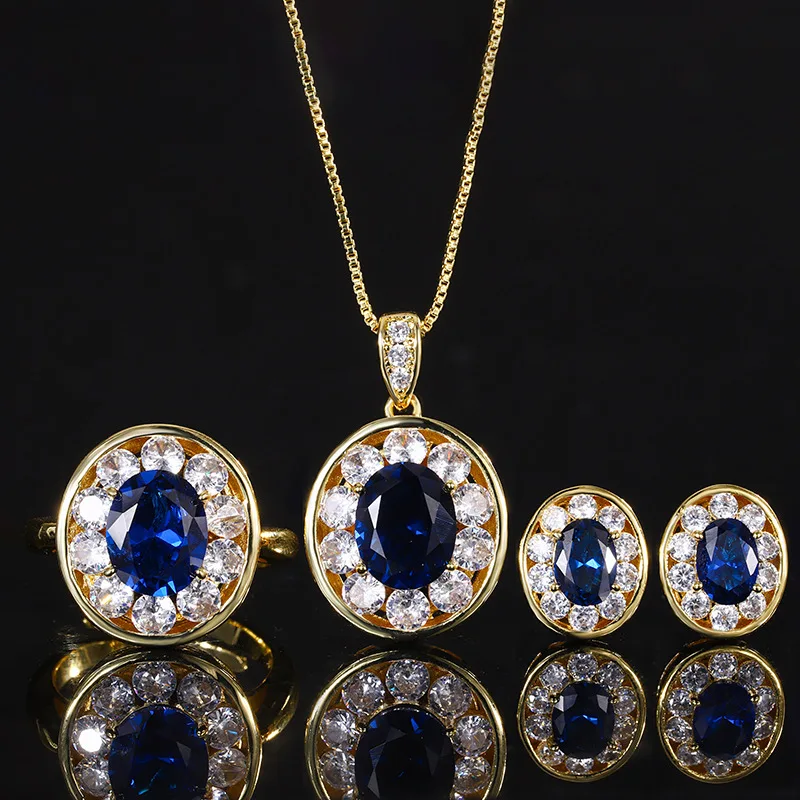 

New Jewelry Gold-Plated Vintage Blue Spinel Oval Gold Set 8*10-5*7