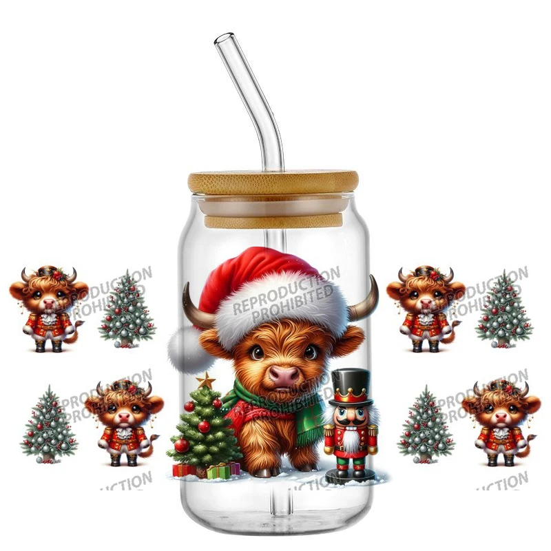 

New Design Christmas Cute Cow 16oz Libbey UV DTF Cup Wrap Transfer Custom Label DIY Logo Self adhesive Mug Decal Sticker