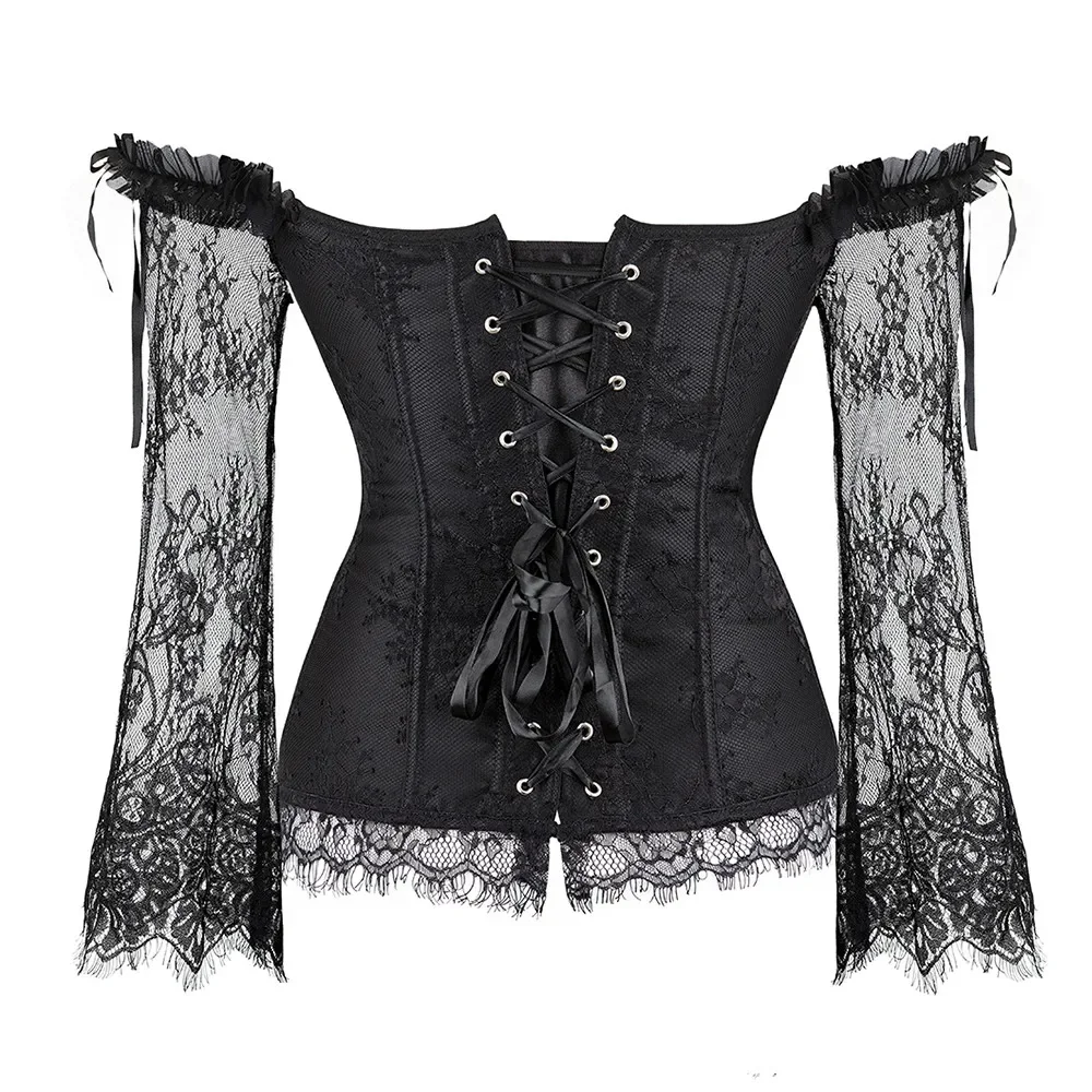 Medieval Women Corset Top Plus Size Sexy Lace Long Sleeve Bustiers Shoulder Straps Corselet Vintage Victorian Black Red